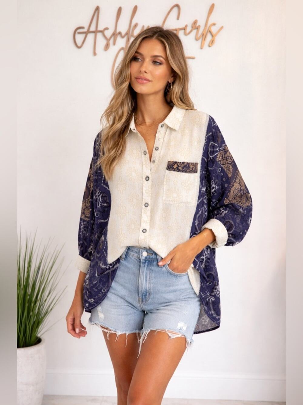 We The Free Patchwork Button Down Top Boho Oversized Mixed Print
